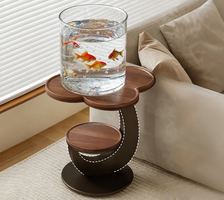 Clover Side Table with Shelf, Walnut Top, Black Base, 18.3 x 23.6 In