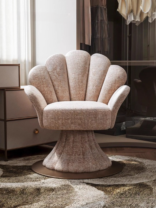 Beige Boucle Swivel Accent Chair, Shell Back Vanity Chair with Arms, Modern Upholstered Makeup Chair, Sculptural Lounge Chair for Bedroom, Living Room, Dressing Room, Dining Room, Antique Brass Tone Round Base