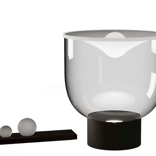 Modern Smoked Glass Table Lamp, Sculptural Bowl Shade Desk Lamp with Black Base and Button Switch, Contemporary Accent Lighting for Bedroom, Living Room, Hotel Lobby, Office