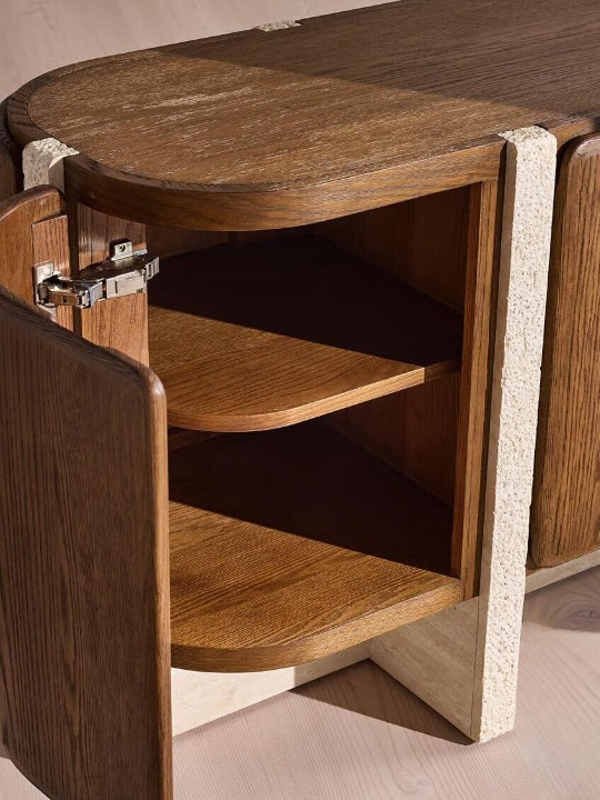 Travertine and Wood Sideboard Cabinet, Modern Buffet Storage Cabinet with Rounded Doors, Dining Room Credenza, Living Room Accent Cabinet, Entryway Cabinet and TV Console