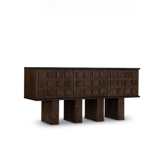 Dark Wood Brutalist Sideboard Cabinet, Raised Square Panel Storage Credenza, Vintage Modern Buffet Cabinet for Dining Room, Living Room, Entryway or Hallway