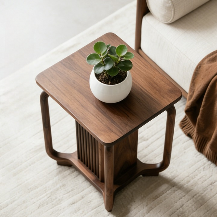 Ash Wood Square Side Table with Fluted Pedestal Base