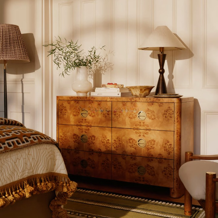 French Style 6 Drawer Sideboard, Burl Wood Storage Cabinet for Living Room