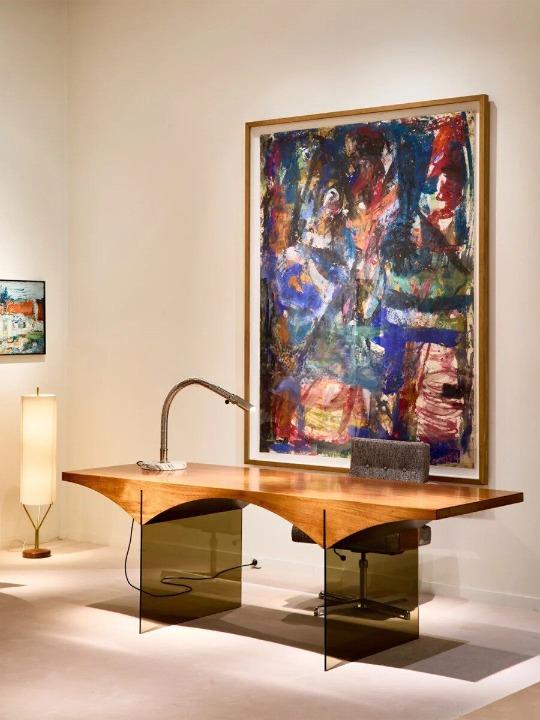 Solid Wood Writing Desk with Tempered Glass Legs, Walnut Home Office Desk, Danish Modern Computer Desk with Sculpted Wood Top, Executive Study Table for Office, Bedroom, Living Room