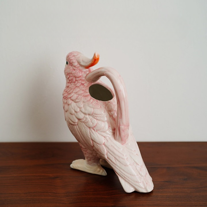Pink Ceramic Parrot Pitcher, Hand Painted Bird Water Jug, 11.8 Inch Decor