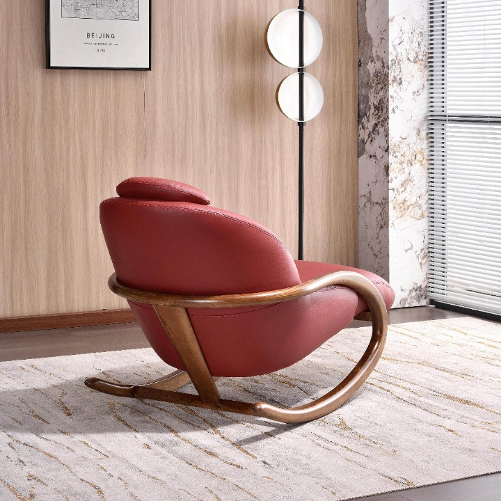 Burgundy Leather Rocking Lounge Chair with Wood Frame and Footrest