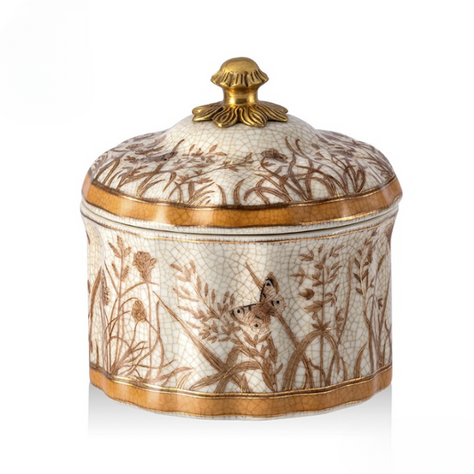 Ivory Crackle Glaze Ceramic Lidded Jar with Gold-Tone Finial