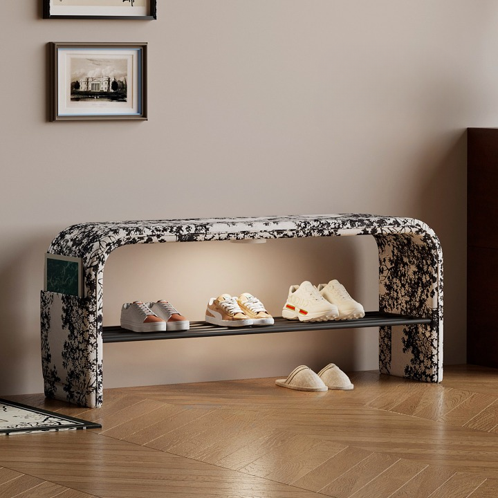 Narrow Entryway Shoe Bench with Printed Velvet Seat, 31.5-Inch Upholstered Hallway Bench with Metal Shoe Rack, Side Storage Pocket and Motion Sensor Light for Foyer, Bedroom or Closet
