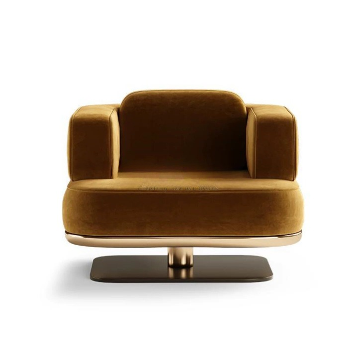 Italian Style Brown Accent Chair, Modern Single Sofa Chair with Rounded Arms, Upholstered Lounge Seat and Metal Pedestal Base for Living Room, Hotel Lobby, Reception Area, Office, Bedroom and Lounge