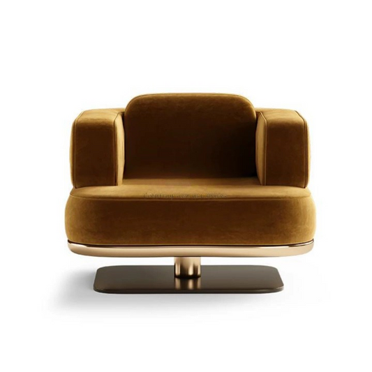 Italian Style Brown Accent Chair, Modern Single Sofa Chair with Rounded Arms, Upholstered Lounge Seat and Metal Pedestal Base for Living Room, Hotel Lobby, Reception Area, Office, Bedroom and Lounge