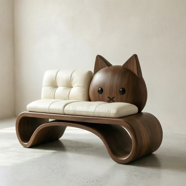 Black Walnut Cat Accent Loveseat with Cream Upholstery, Modern Sculptural Wood Sofa for Living Room, Bedroom, Reading Nook and Apartment
