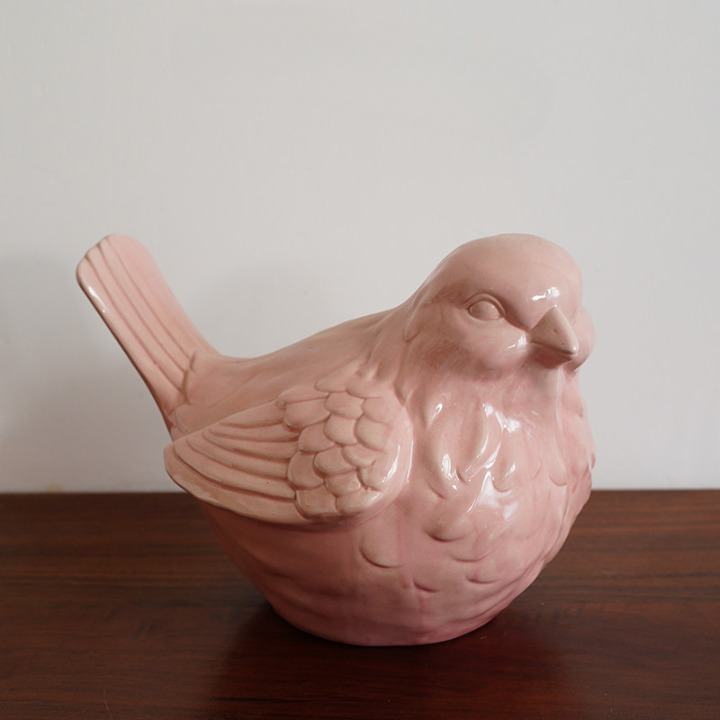 Pink Ceramic Bird Figurine, Large Decorative Sculpture for Home Decor