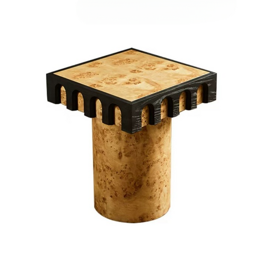 Burl Wood Look Side Table, Square Pedestal End Table with Black Arched Edge, Wabi Sabi Accent Table for Living Room, Sofa, Bedroom or Lounge
