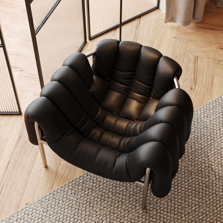 Black Faux Leather Accent Chair, Sculptural Channel-Tufted Lounge Chair with Deep Sling Seat and Black Stainless Steel Frame for Living Room, Bedroom, Office and Reading Nook