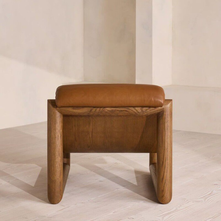 Brown Leather Lounge Chair, Low Profile Accent Chair with Solid Wood Sled Frame for Living Room, Bedroom, Hotel, Villa, Reading Corner