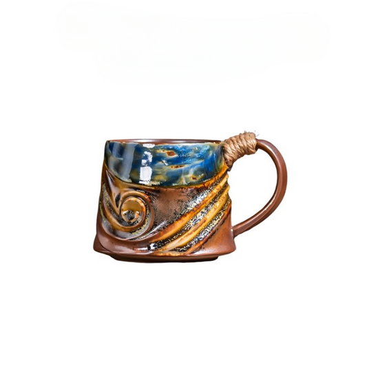 Blue Brown Ceramic Coffee Mug with Rope-Wrapped Handle, 10.8 oz