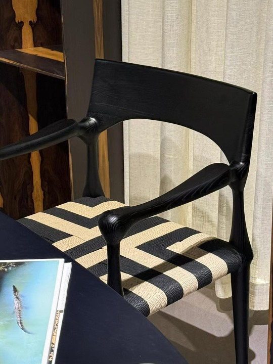 Black Solid Wood Dining Chair with Arms, Handwoven Rope Seat, Sculptural Vintage Accent Chair for Dining Room, Kitchen, Cafe, Study, Tea Room, Restaurant, and Living Room