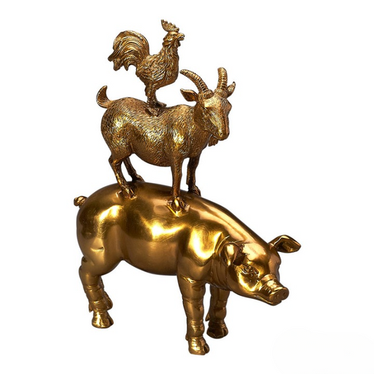 Gold Stacked Farm Animal Statue, Pig Goat and Rooster Decorative Figurine, Metallic Animal Sculpture for Farmhouse Decor, Tabletop Centerpiece, Bookshelf, Office Desk, Living Room and Gift Display