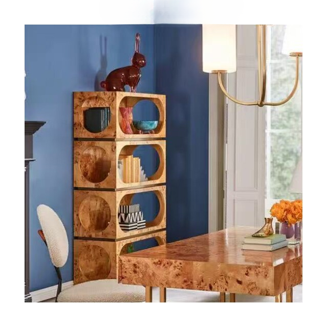 Burl Wood Look Display Bookcase,Tall Open Shelf Cabinet with Round Cutout Design, Wabi Sabi Storage Shelf for Living Room, Entryway, Bedroom or Office