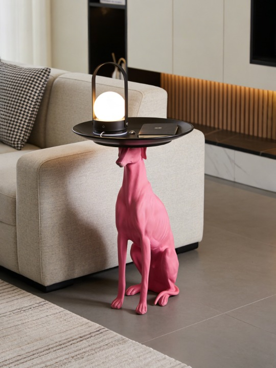 Pink Dog Tray Table Sculpture, Modern Animal Side Table with Round Metal Tray, Decorative Resin Pedestal Accent Table for Living Room, Entryway, Bedroom, Office, Hotel Decor