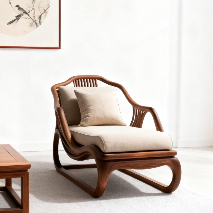 Ash Wood Chaise Lounge Chair with Cushions and Sculpted Frame