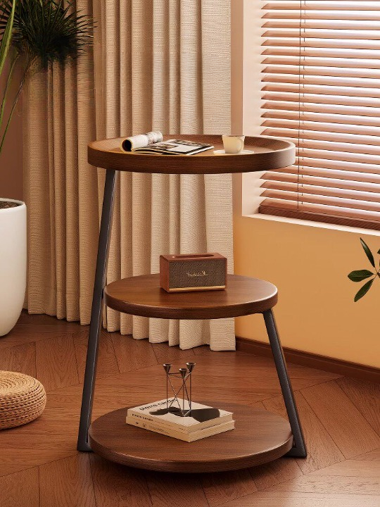 Walnut Brown 3-Tier Round Side Table with Storage Shelves, Black Frame