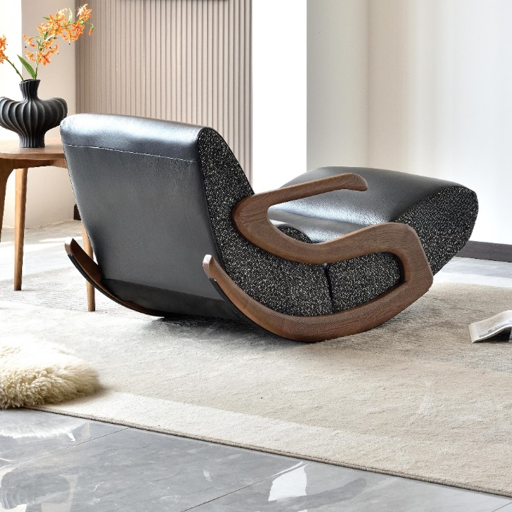 Black Upholstered Rocking Lounge Chair with Solid Wood Frame and Footrest