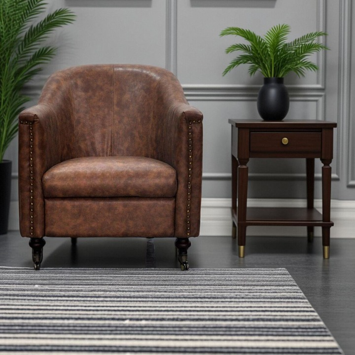 Brown Distressed Leather Club Chair, Vintage Tub Barrel Accent Chair with Nailhead Trim, Upholstered Single Sofa Armchair for Living Room, Bedroom, Office, Hotel Lobby