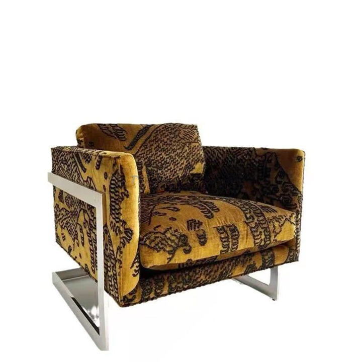 Mustard Yellow Patterned Accent Chair, Modern Upholstered Single Sofa Chair with Stainless Steel Frame, Luxury Lounge Armchair for Living Room, Bedroom, Hotel Lobby, Reception Area