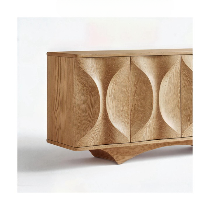Solid Wood Sideboard Cabinet, Natural Wood Storage Cabinet with Concave Carved Door Fronts, Wabi Sabi Buffet Cabinet for Living Room Dining Room Entryway