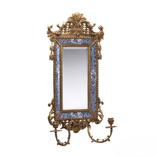 Blue and White Decorative Wall Mirror with Gold Tone Ornate Frame, Vintage Accent Mirror with Candle Holder Style Arms for Living Room, Bedroom, Entryway, Hallway, Vanity and Home Decor