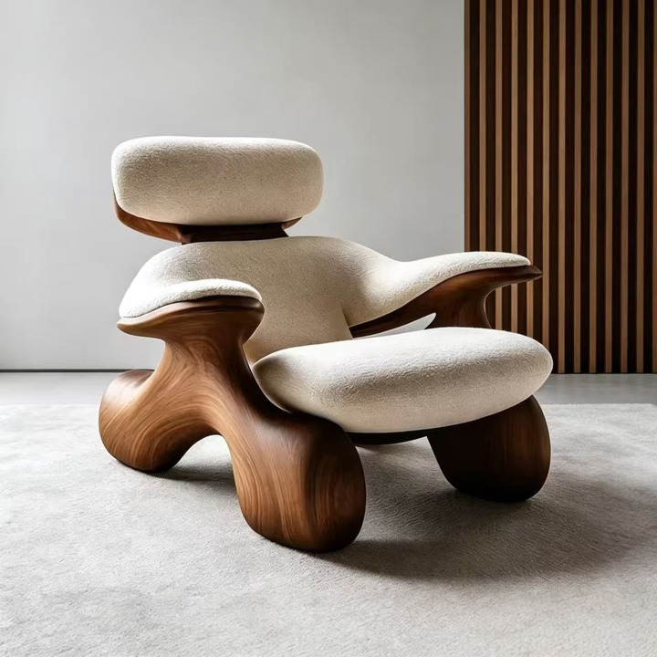 Modern Sculptural Ash Wood Accent Chair with Cream Bouclé Upholstery, Oversized Lounge Armchair for Living Room, Bedroom, Reading Nook and Hotel