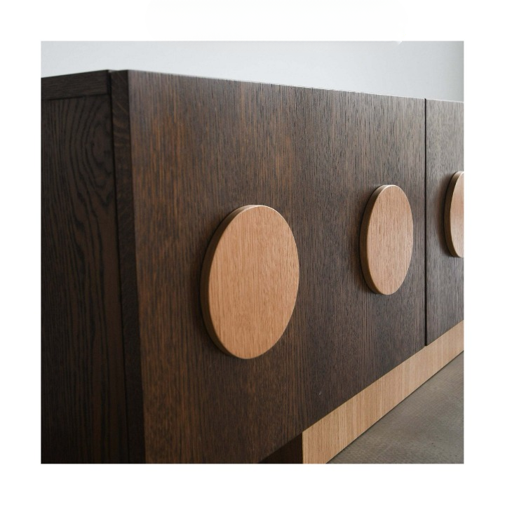Dark Wood Sideboard Cabinet, 4 Door Storage Credenza with Round Wood Pulls, Wabi Sabi Buffet Cabinet for Dining Room, Living Room, Entryway or Hallway