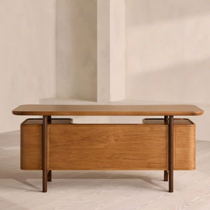 Large Solid Wood Executive Desk, Writing Desk with Side Storage Cabinets for Home Office, Study Room, Bedroom, Hotel, Villa, Natural Brown