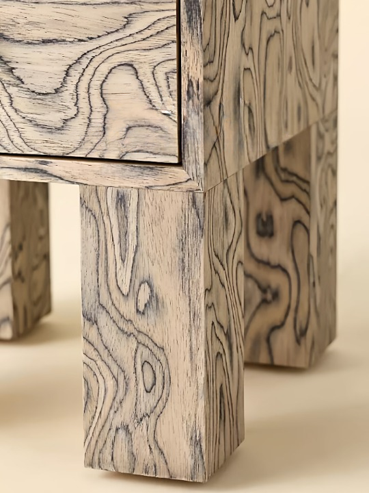 Natural Burl Wood-Look Nightstand, Square One-Drawer Bedside Table with Black Knob and Chunky Block Legs, Wabi-Sabi Accent End Table for Bedroom, Guest Room and Living Room