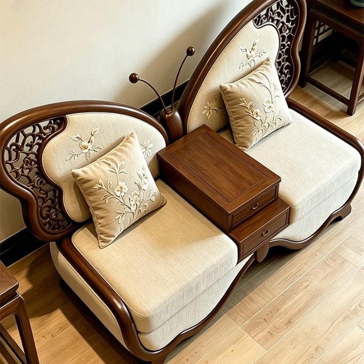 Ash Wood Butterfly Loveseat Sofa with Integrated Storage Table, Upholstered 2 Seat Accent Sofa for Living Room, Reception, Hotel Lounge &amp; Office