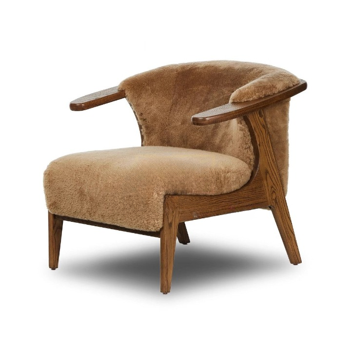 Wabi Sabi Sherpa Accent Chair, Solid Wood Lounge Armchair with Camel Upholstery and Sculptural Wood Arms, Mid Century Modern Single Sofa Chair for Living Room, Bedroom, Reading Nook, Balcony and Boutique Hotel