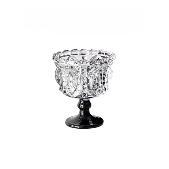 Embossed Glass Dessert Cup with Black Pedestal Base, Vintage Ice Cream Sundae Cup, Clear Footed Parfait Bowl for Yogurt, Pudding, Fruit, Mousse and Snacks