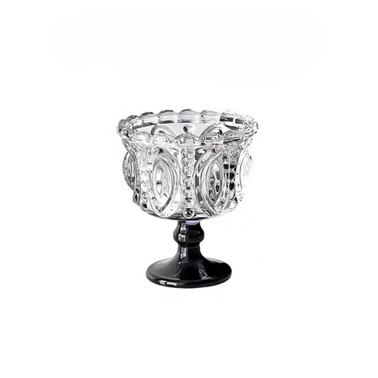 Embossed Glass Dessert Cup with Black Pedestal Base, Vintage Ice Cream Sundae Cup, Clear Footed Parfait Bowl for Yogurt, Pudding, Fruit, Mousse and Snacks