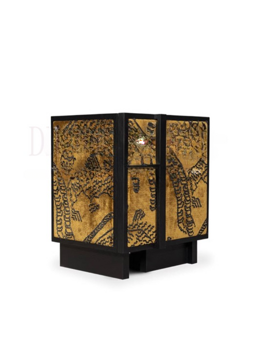 Black and Gold Upholstered Nightstand, Solid Wood Bedside Cabinet with Abstract Pattern Panels, Vintage Accent Storage Cabinet, Small End Table for Bedroom, Living Room, Guest Room, and Hallway