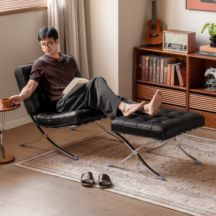 Black Genuine Leather Lounge Chair with Stainless Steel Frame