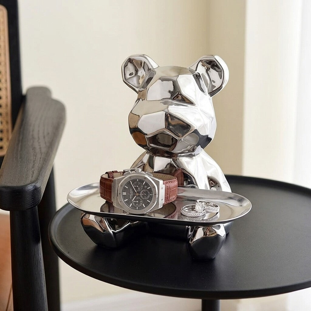 Silver Geometric Bear Tray, Reflective Animal Figurine Jewelry Holder and Catchall Organizer for Keys, Coins, Rings, Vanity, Entryway, Desk and Living Room Décor