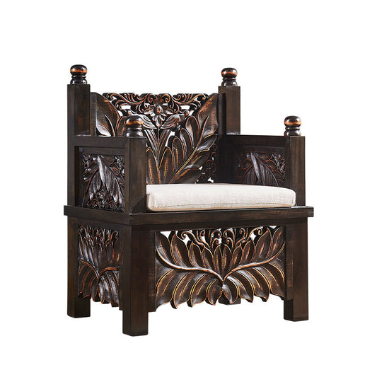 Dark Brown Solid Wood Accent Chair, Ornate Lotus Carved High-Back Armchair with Upholstered Seat Cushion, Traditional Statement Chair for Living Room, Bedroom, Entryway and Lounge