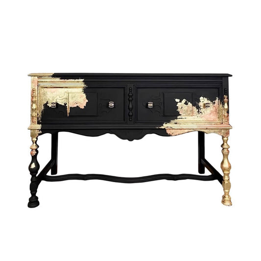 Black and Gold Hand-Painted Solid Wood Console Cabinet, French Vintage 2-Drawer Entryway Sideboard with Distressed Finish, Turned Legs and Curved Stretcher for Hallway, Dining Room and Living Room