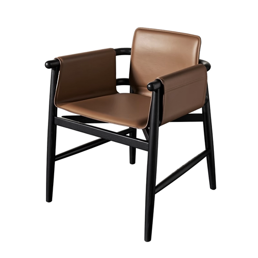 Solid Ash Wood Dining Armchair, Brown Saddle-Style Leather Upholstered Chair with Walnut Finish, Modern Wooden Accent Chair for Dining Room, Conference Room, Kitchen, Balcony, Office, and Living Room