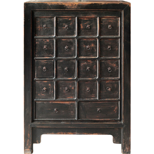 Vintage 18-Drawer Apothecary Cabinet, Distressed Black Wood Storage Chest