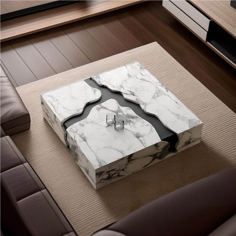 White Marble Top Coffee Table with Solid Wood Base for Living Room