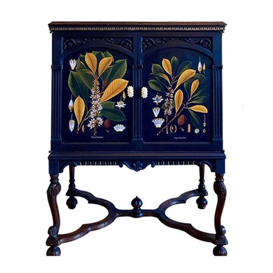 Deep Navy Blue Solid Wood 2-Door Accent Cabinet, Hand-Painted Botanical Entryway Storage Cupboard with Carved Legs and Curved Cross Stretcher for Foyer, Living Room, Dining Room and Hallway