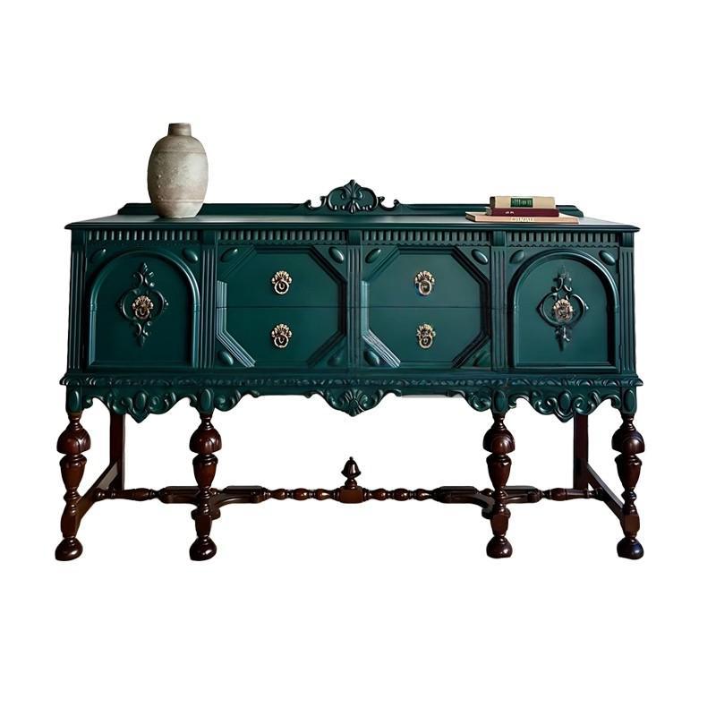 Carved Solid Wood Sideboard Buffet Cabinet, 4 Drawers and 2 Doors, Dark Teal Green Credenza with Decorative Ring Pulls for Dining Room, Living Room or Entryway