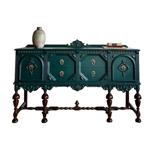 Carved Solid Wood Sideboard Buffet Cabinet, 4 Drawers and 2 Doors, Dark Teal Green Credenza with Decorative Ring Pulls for Dining Room, Living Room or Entryway